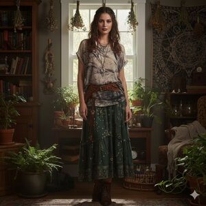 Yuni LA Witchy Boho Abstract Trees Graphic Sheer Lightweight Knit Tunic Top 1X